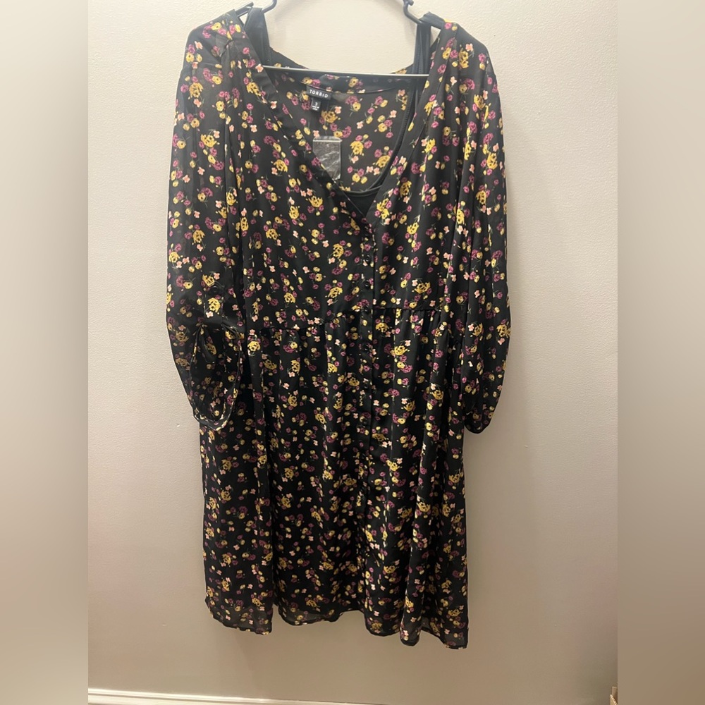 Torrid Black Mustard Floral Chiffon Shirt Dress NWT